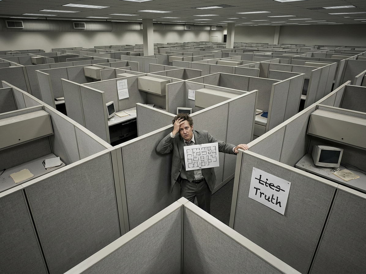 A man in a suit holds a floor plan looking stressed in a large office cubicle maze