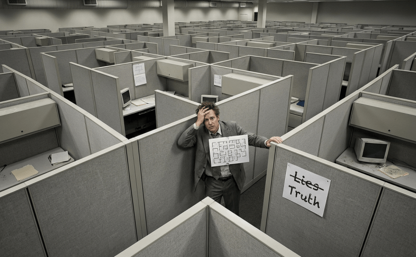 A man in a suit holds a floor plan looking stressed in a large office cubicle maze